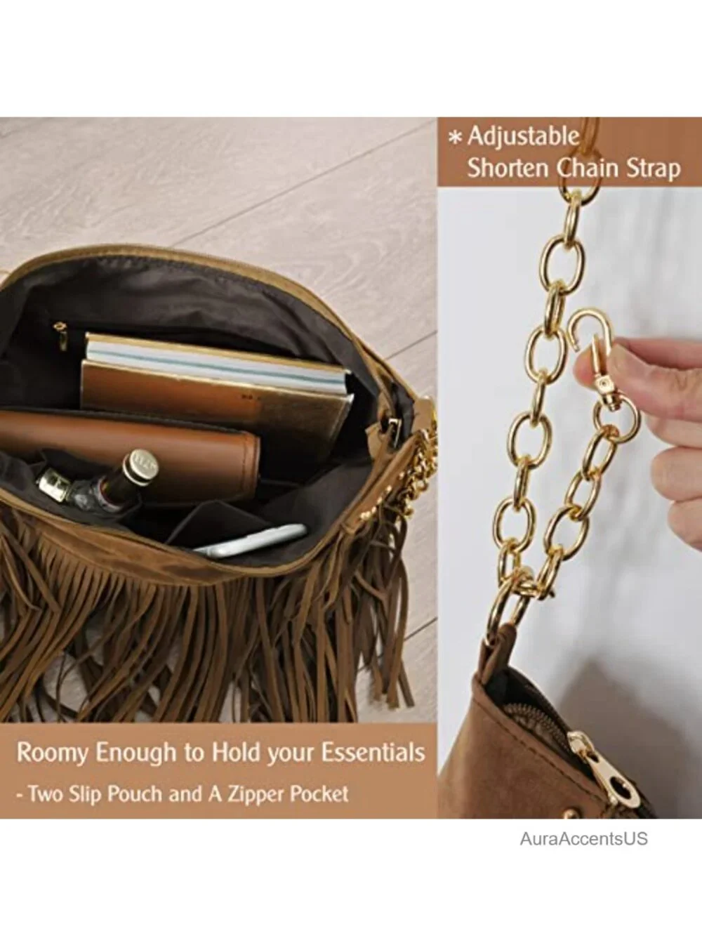 Studded Tassel Faux Suede Leather Hobo Cross Body Chain Shoulder Bag Women's